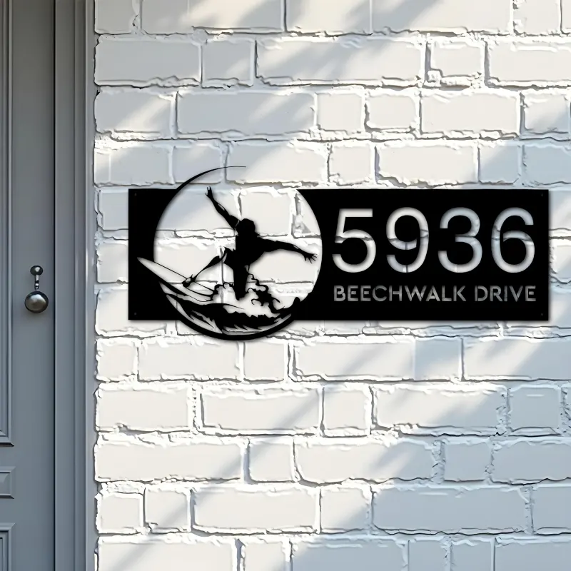 Custom Metal Surfer surfing Metal Address Sign, House number, Outdoor Number Signage, Yard Sign Address Plate