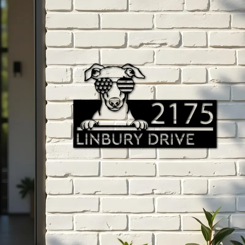Custom Metal Whippet dog US flag glasses Metal Address Sign House number Hanging Address Plaque Yard Sign Outdoor decor