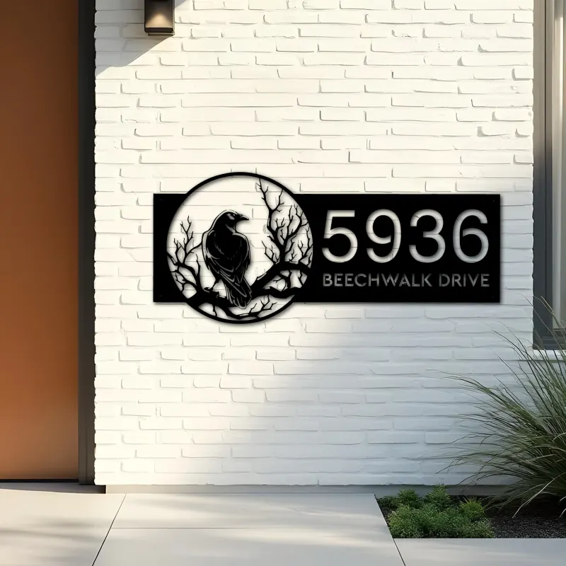 Custom Metal Black crow raven on a tree branch Metal Address Sign, House number, Outdoor Number Signage, Yard Sign Address Plate