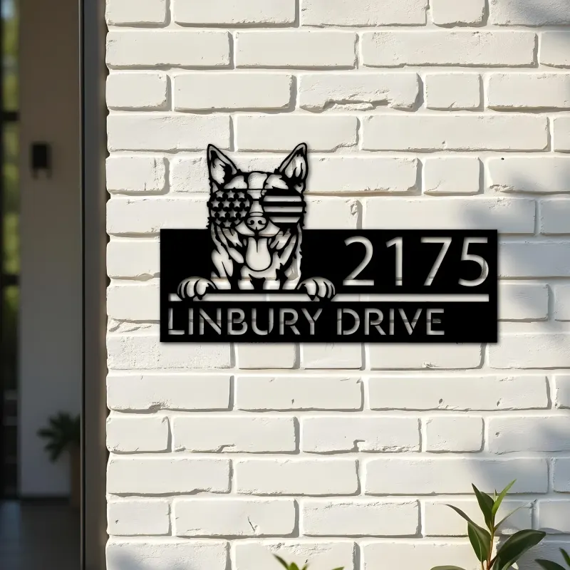 Custom Metal Red heeler dog US flag glasses Metal Address Sign House number Hanging Address Plaque Yard Sign Outdoor decor