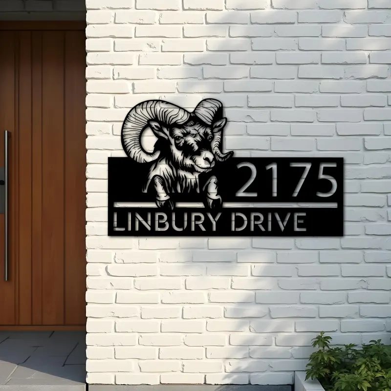 Custom Metal Peeking Ram farm animal ranch Metal Address Sign, House number, Outdoor Number Signage, Yard Sign Address Plate