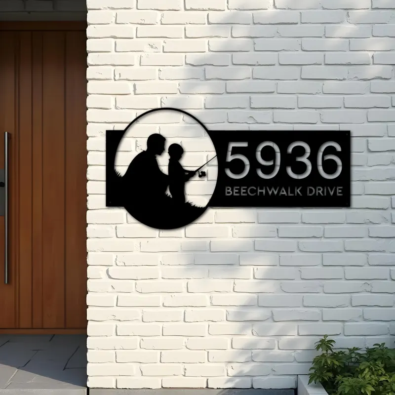 Custom Metal Father and son fishing Metal Address Sign, House number, Outdoor Number Signage, Yard Sign Address Plate