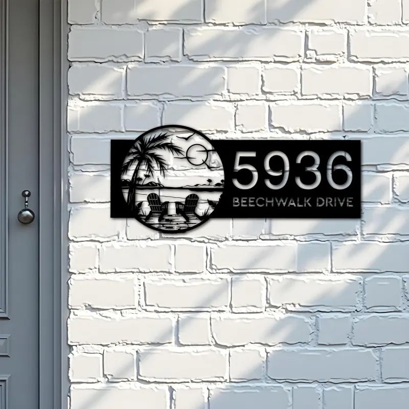 Custom Metal Palm Tree Chairs on Beach Sunset Metal Address Sign Custom House number Hanging Address Plaque Yard Sign Outdoor