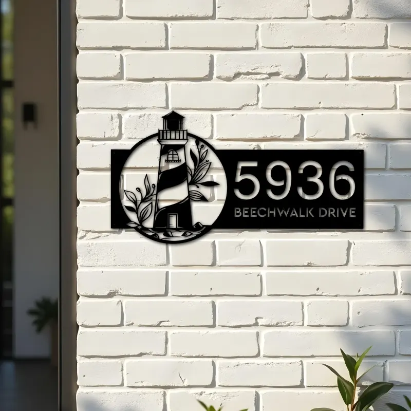 Custom Metal Floral lighthouse Metal Address Sign, House number, Outdoor Number Signage, Yard Sign Address Plate