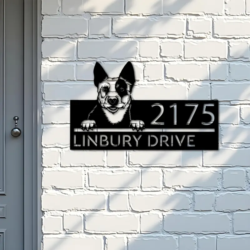 Custom Metal Australian Cattle dog Puppy Metal Address Sign House number Hanging Address Plaque Yard Sign Outdoor decor
