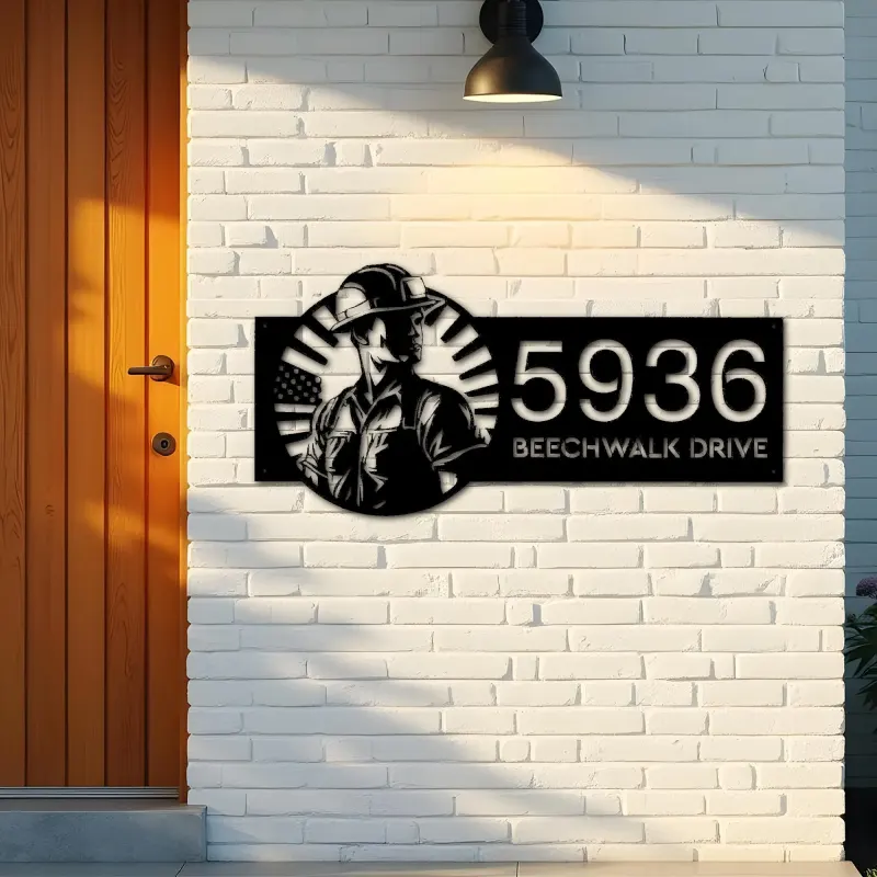 Custom Metal US Construction worker Metal Address Sign, House number, Outdoor Number Signage, Yard Sign Address Plate