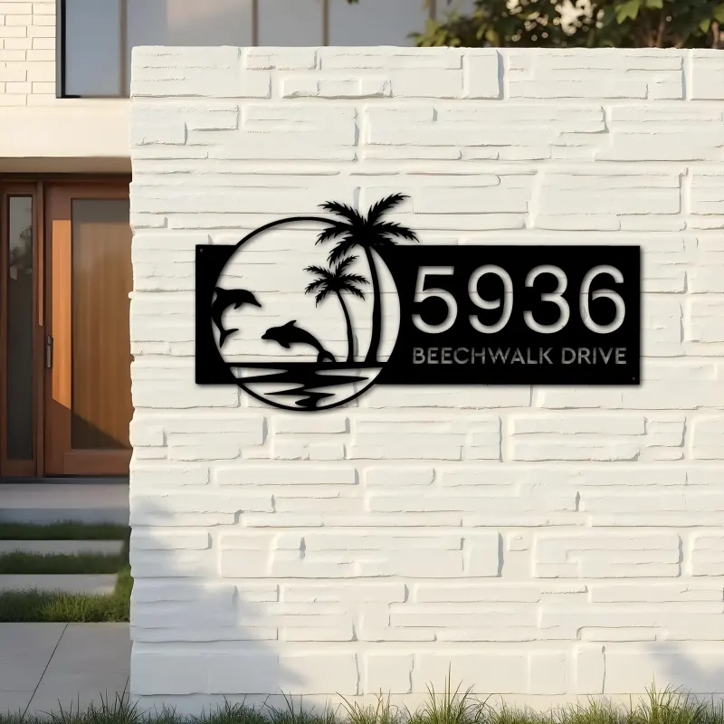 Custom Metal Dolphins Palm trees Metal Address Sign, House number, Outdoor Number Signage, Yard Sign Address Plate