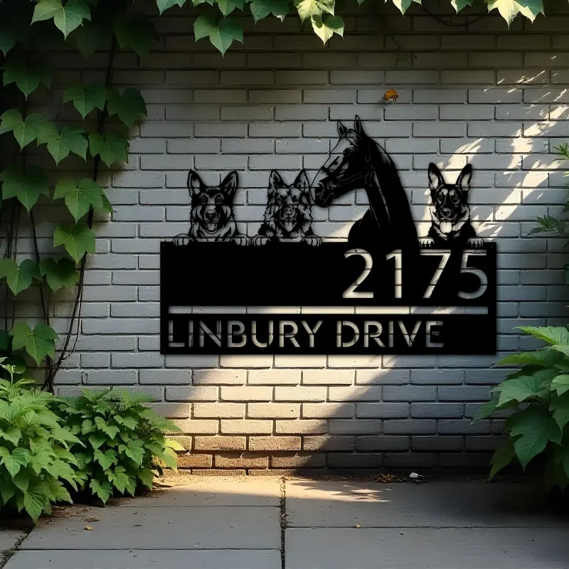 Custom Metal German shepherd Dogs and horse Metal Address Sign House number Hanging Address Plaque Yard Sign Outdoor decor