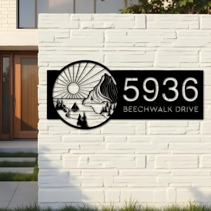 Custom Metal Sun mountain river scene Metal Address Sign, House number, Outdoor Number Signage, Yard Sign Address Plate