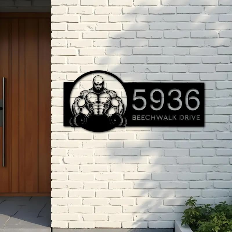 Custom Metal Bodybuilder gymer Metal Address Sign Custom House number Hanging Address Plaque Yard Sign Outdoor