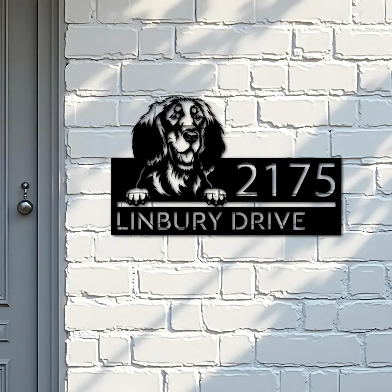 Custom Metal Golden setter dog Puppy Metal Address Sign House number Hanging Address Plaque Yard Sign Outdoor decor