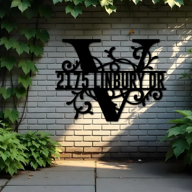 Custom Metal Floral Monogram Split Letter V Metal Address Sign House number Hanging Address Plaque Yard Sign Outdoor decor