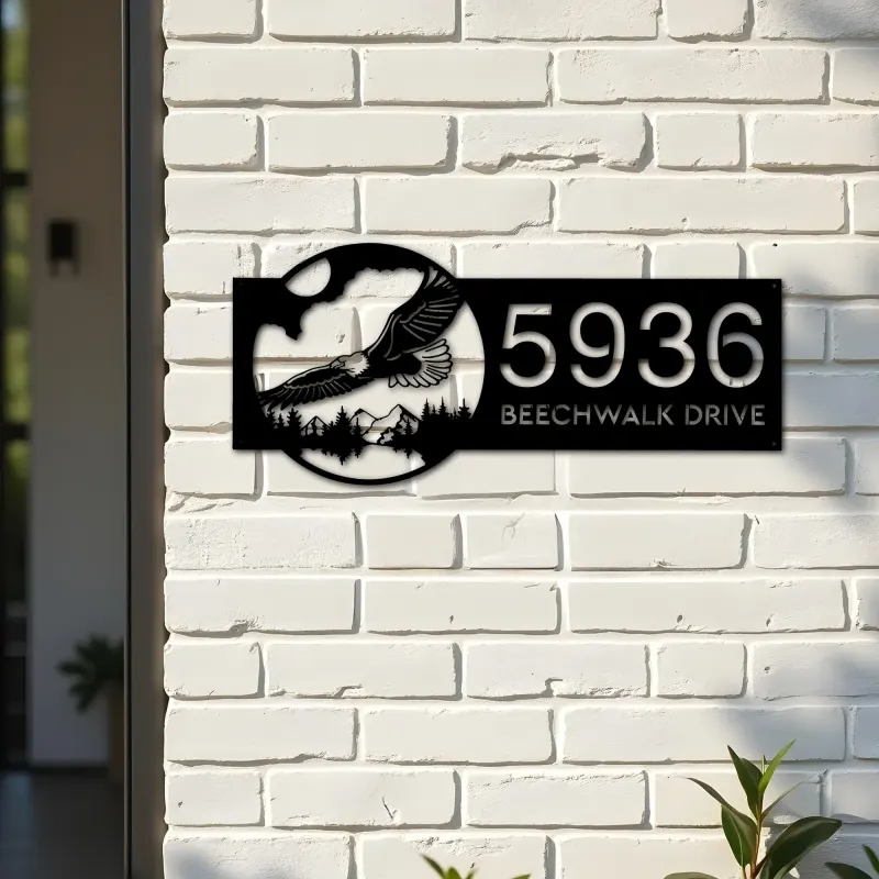 Custom Metal Eagle flying mountain forest scene Metal Address Sign, House number, Outdoor Number Signage, Yard Sign Address Plate