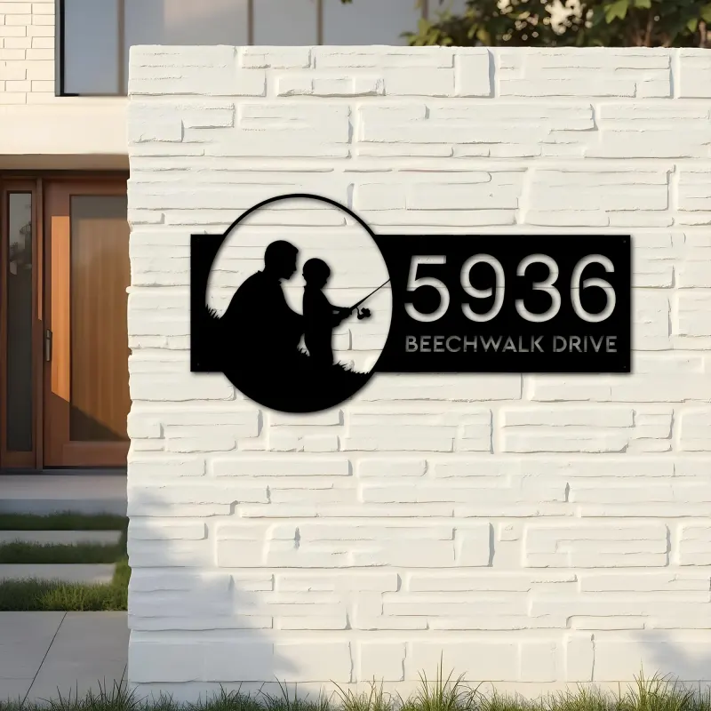 Custom Metal Father and son fishing Metal Address Sign, House number, Outdoor Number Signage, Yard Sign Address Plate