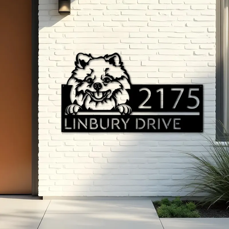 Custom Metal Pomeranian dog Cute puppy Metal Address Sign House number Hanging Address Plaque Yard Sign Outdoor decor