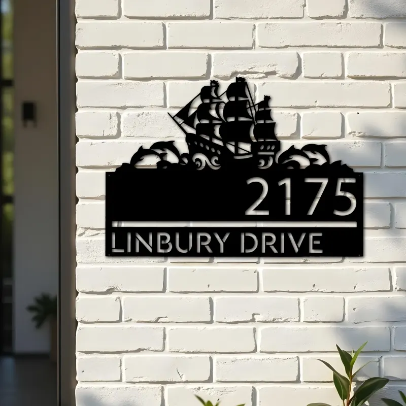 Custom Metal Boat with dolphins Metal Address Sign, House number, Outdoor Number Signage, Yard Sign Address Plate