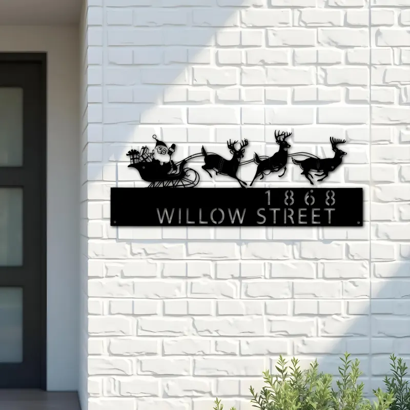 Custom Metal Santa flying in a sleigh with reindeer Metal Address Sign, House number, Outdoor Number Signage, Yard Sign Address Plate