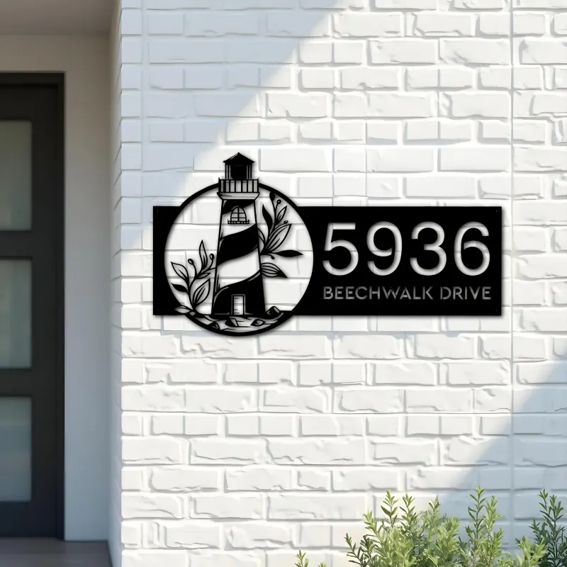 Custom Metal Floral lighthouse Metal Address Sign, House number, Outdoor Number Signage, Yard Sign Address Plate