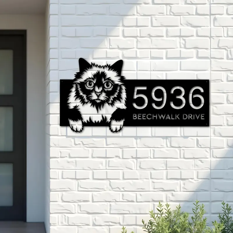 Custom Metal Holy Burma Cute peeking cat kitten Metal Address Sign, House number, Outdoor Number Signage, Yard Sign Address Plate