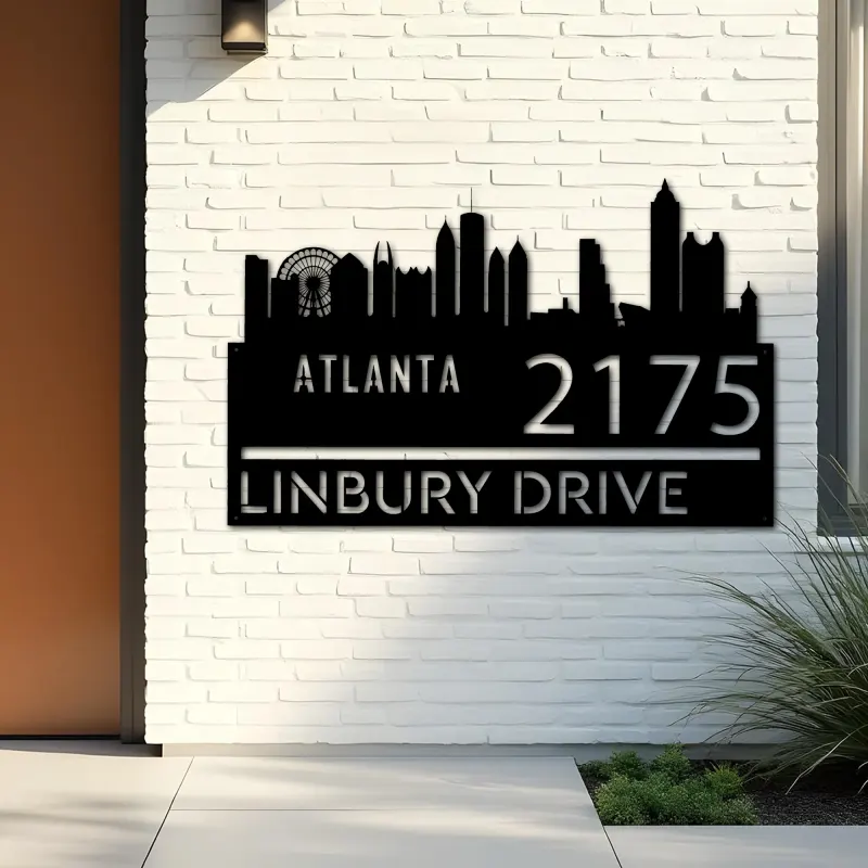 Custom Metal Atlanta city skyline Metal Address Sign Hanging Address Plaque house number Yard Outdoor Sign