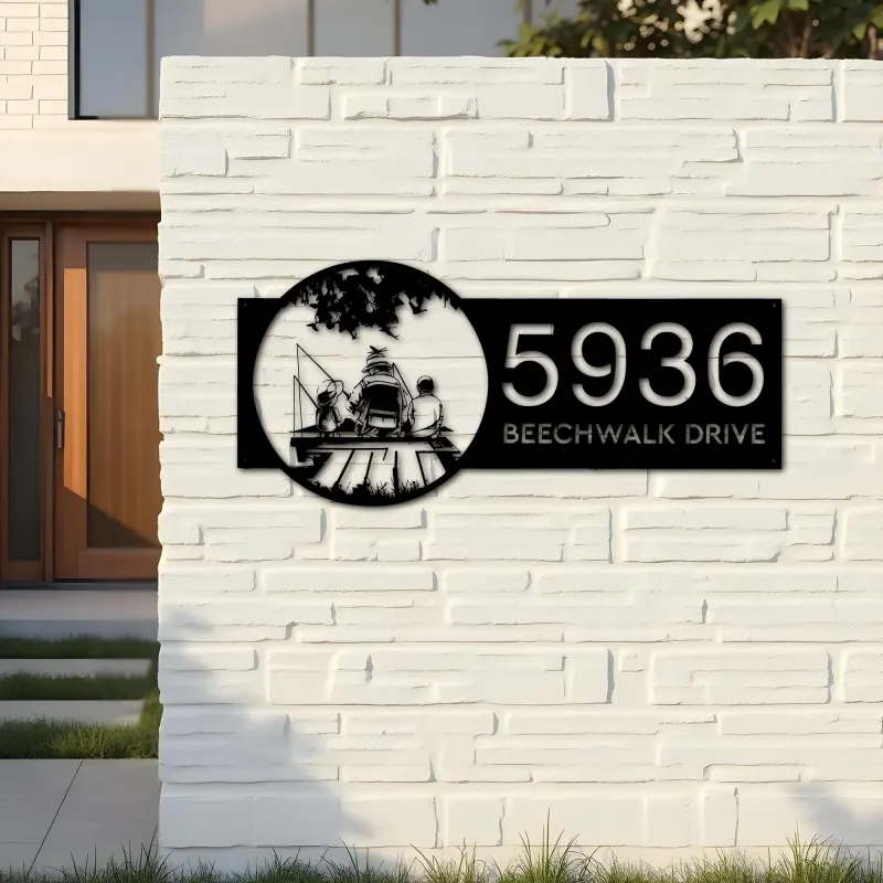 Custom Metal Dad son and daughter go fishing Metal Address Sign Custom House number Hanging Address Plaque Yard Sign Outdoor