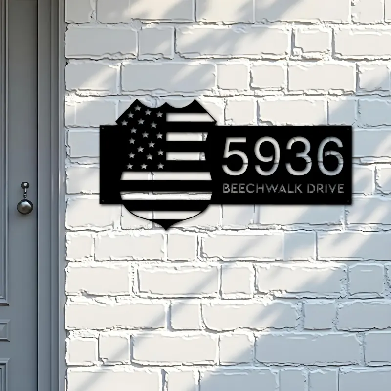 Custom Metal Police badge American Flag Patriotic Metal Address Sign, House number, Outdoor Number Signage, Yard Sign Address Plate