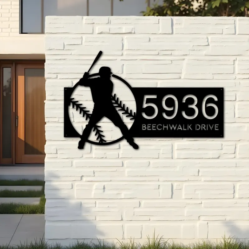 Custom Metal Baseball player Sport Metal Address Sign, House number, Outdoor Number Signage, Yard Sign Address Plate002