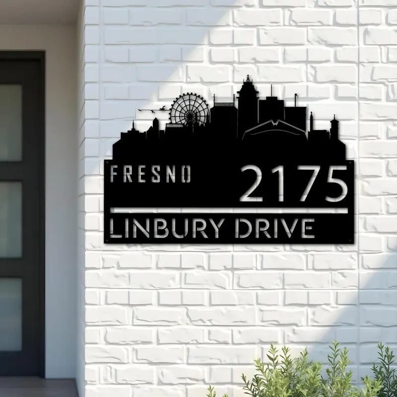Custom Metal Fresno city skyline Metal Address Sign Hanging Address Plaque house number Yard Outdoor Sign