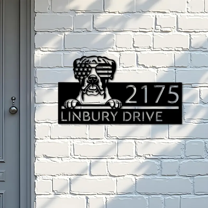 Custom Metal Boxer dog US flag glasses Metal Address Sign House number Hanging Address Plaque Yard Sign Outdoor decor