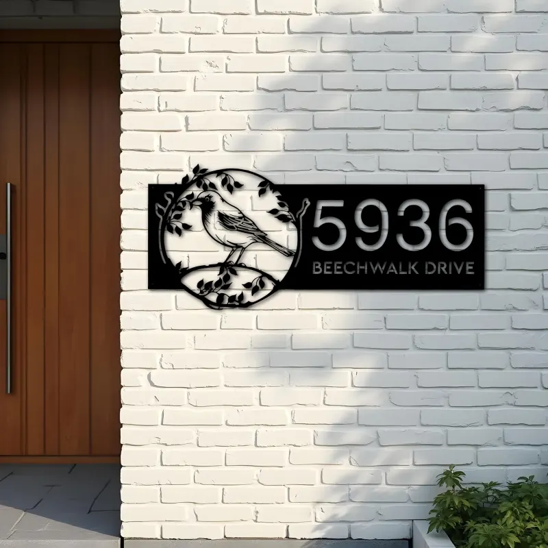Custom Metal Finches bird on tree branch Metal Address Sign Custom Hanging Address Plaque House number Yard Sign Outdoor Sign