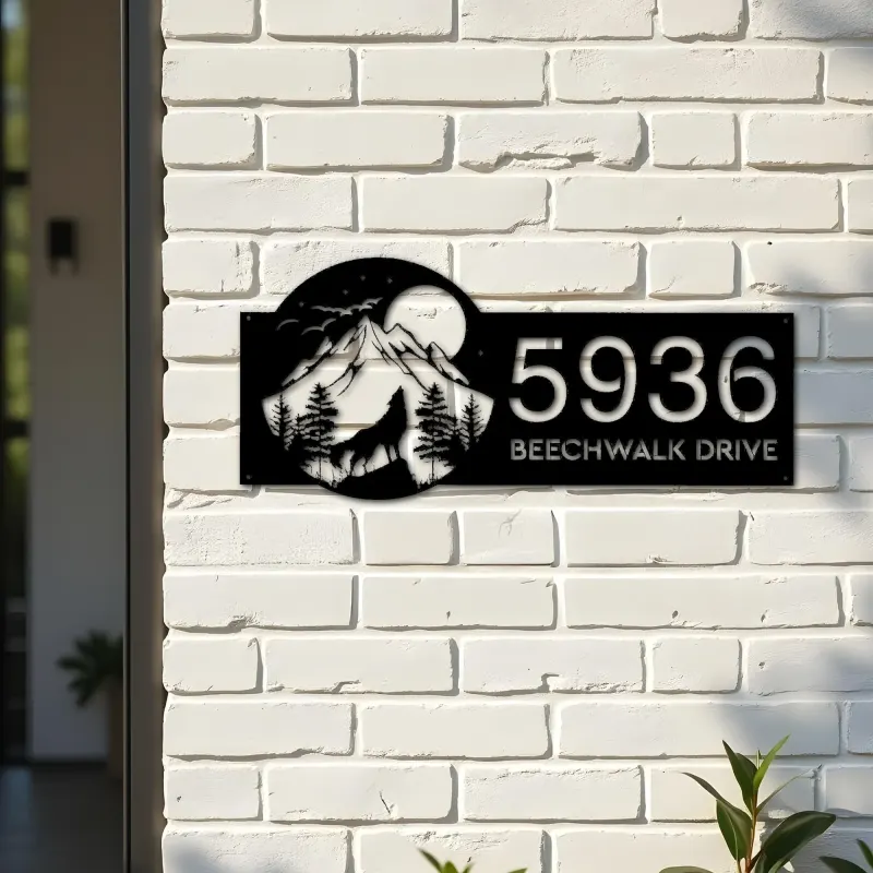 Custom Metal Wolf howling on full moon Metal Address Sign, House number, Outdoor Number Signage, Yard Sign Address Plate002