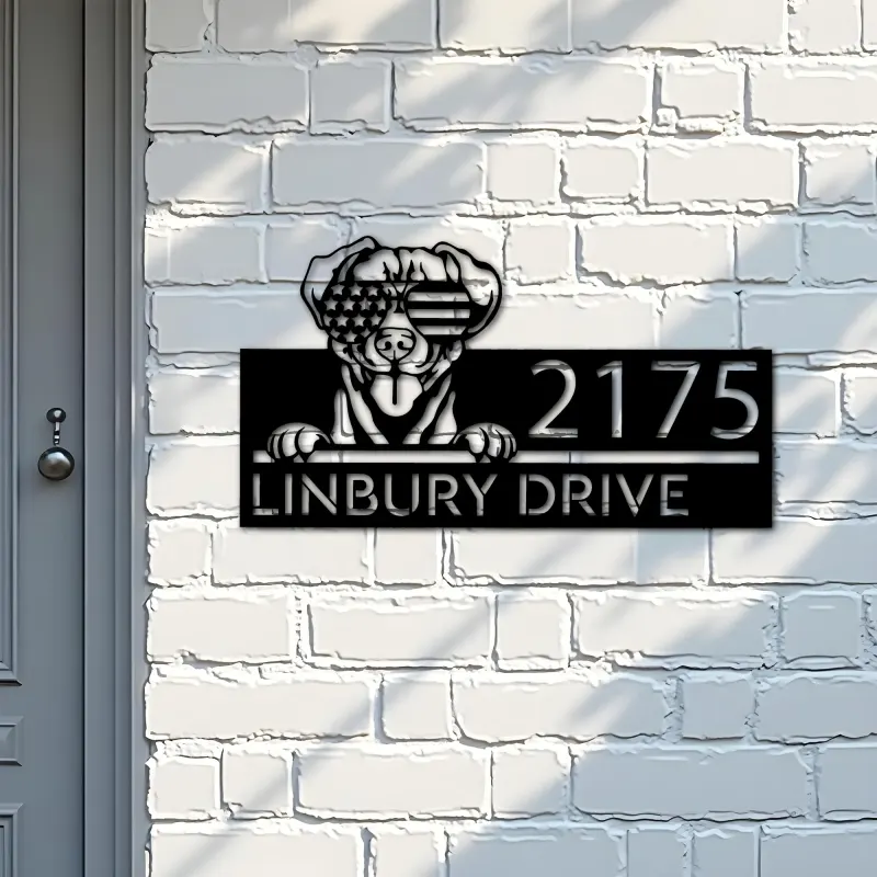 Custom Metal Puggle dog US flag glasses Metal Address Sign House number Hanging Address Plaque Yard Sign Outdoor decor