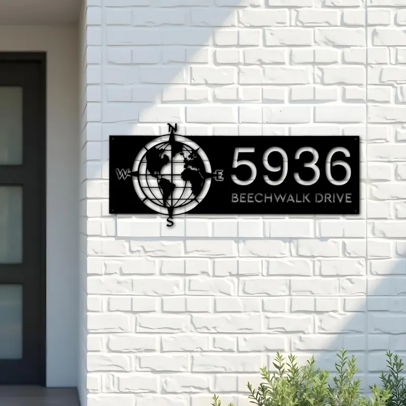 Custom Metal Compass globe world map Metal Address Sign, House number, Outdoor Number Signage, Yard Sign Address Plate