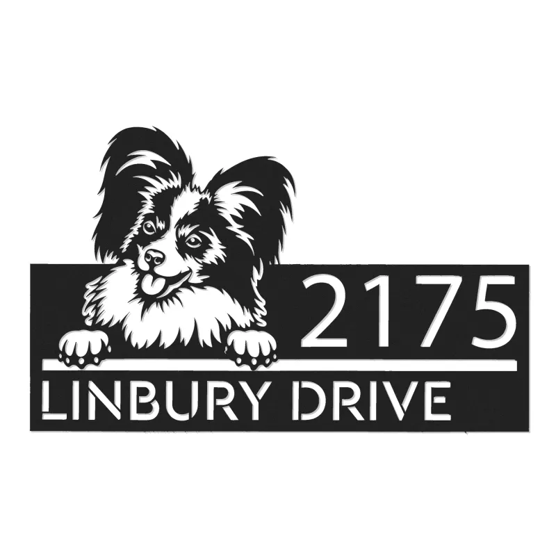 Custom Metal Papillon dog Puppy Metal Address Sign House number Hanging Address Plaque Yard Sign Outdoor decor