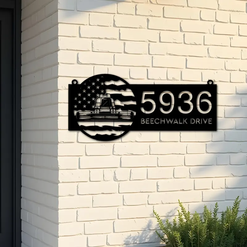 Custom Metal Farm combine harvester US flag Metal Address Sign Custom House number Hanging Address Plaque Yard Sign Outdoor
