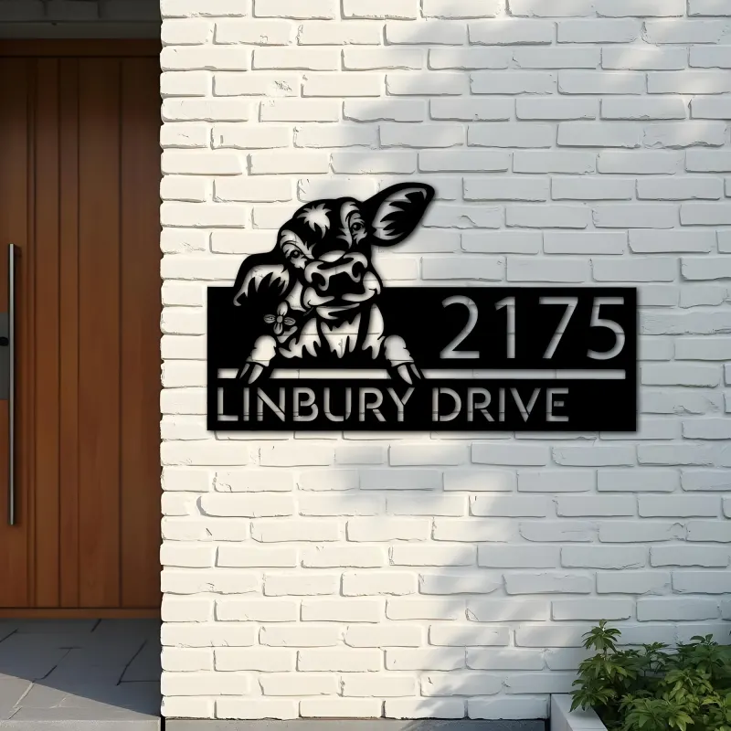 Custom Metal Peeking Calf farm animal ranch Metal Address Sign, House number, Outdoor Number Signage, Yard Sign Address Plate