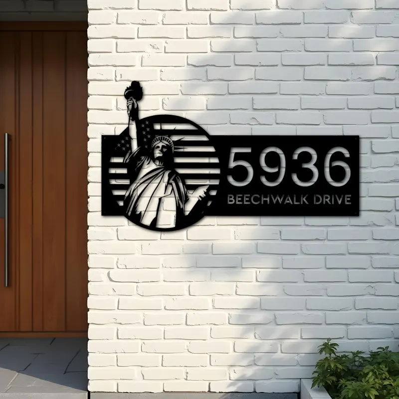 Custom Metal Statue of liberty US flag 4th July Metal Address Sign, House number, Outdoor Number Signage, Yard Sign Address Plate