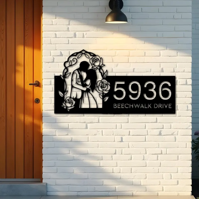 Custom Metal Couple Kissing bride and groom Metal Address Sign, House number, Outdoor Number Signage, Yard Sign Address Plate