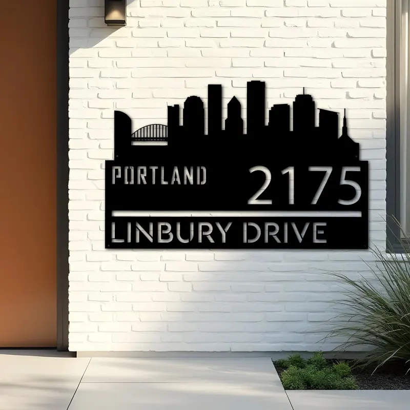 Custom Metal Portland city skyline Metal Address Sign Hanging Address Plaque house number Yard Outdoor Sign