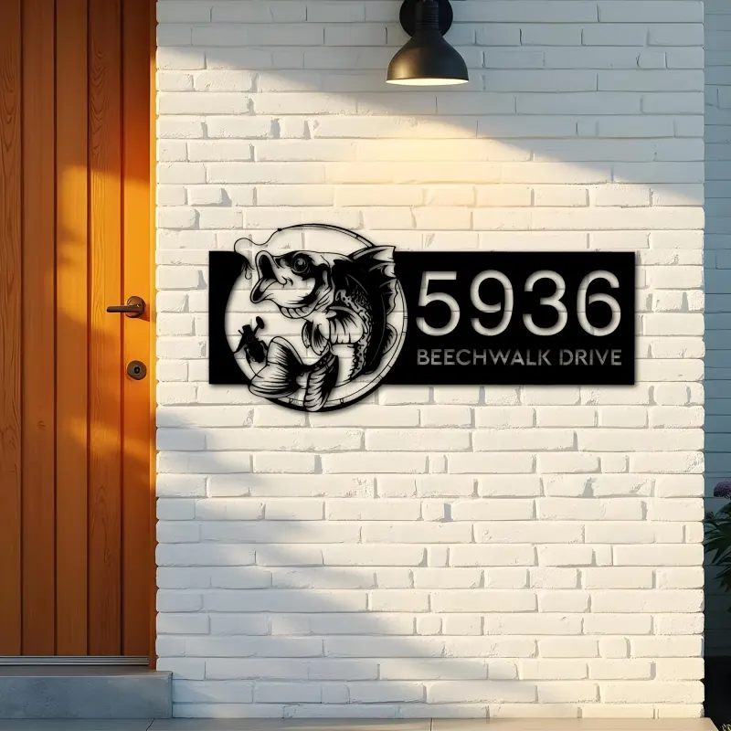Custom Metal Bass fishing rod bait hook Metal Address Sign, House number, Outdoor Number Signage, Yard Sign Address Plate