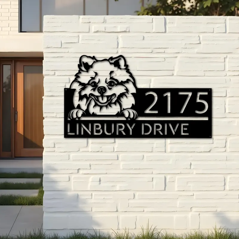 Custom Metal Pomeranian dog Cute puppy Metal Address Sign House number Hanging Address Plaque Yard Sign Outdoor decor