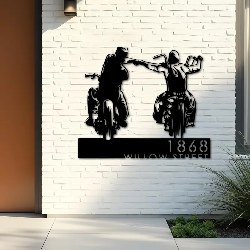 Custom Metal Biker brothers fist bump Motocycle riders Metal Address Sign, House number, Outdoor Number Signage, Yard Sign Address Plate