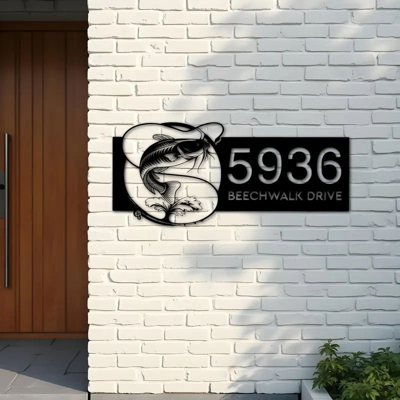 Custom Metal Catfish fishing rod bait hook Metal Address Sign, House number, Outdoor Number Signage, Yard Sign Address Plate