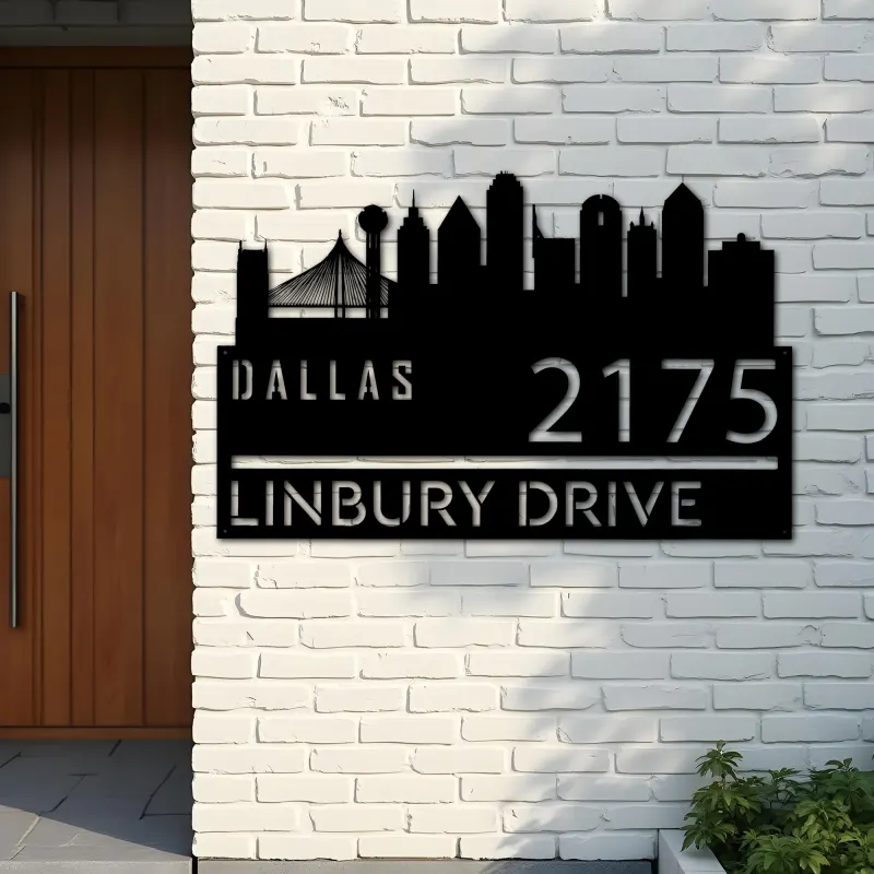 Custom Metal Dallas city skyline Metal Address Sign Hanging Address Plaque house number Yard Outdoor Sign