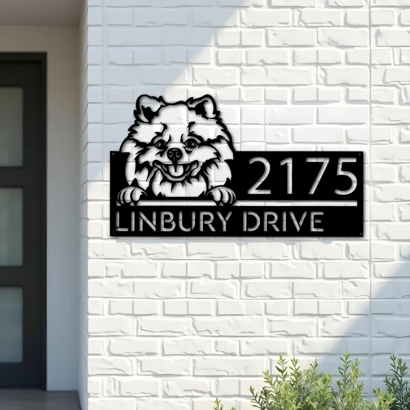 Custom Metal Pomeranian dog Cute puppy Metal Address Sign House number Hanging Address Plaque Yard Sign Outdoor decor