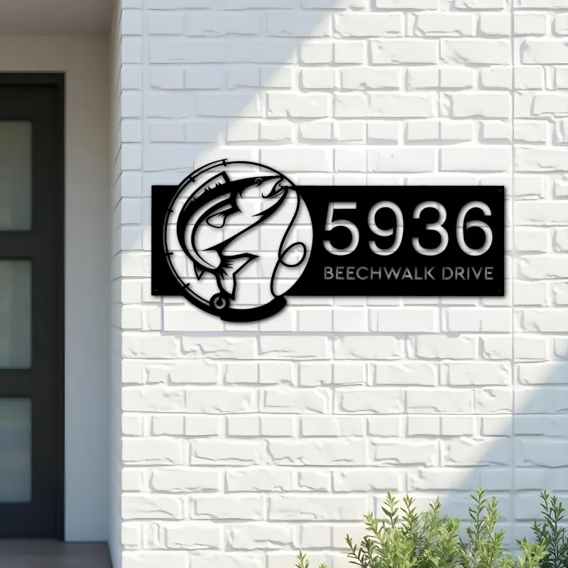 Custom Metal Fish Fishing rod Metal Address Sign Custom House number Hanging Address Plaque Yard Sign Outdoor