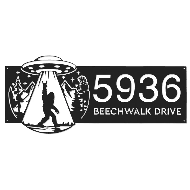 Custom Metal Bigfoot Sasquatch UFO Metal Address Sign, House number, Outdoor Number Signage, Yard Sign Address Plate