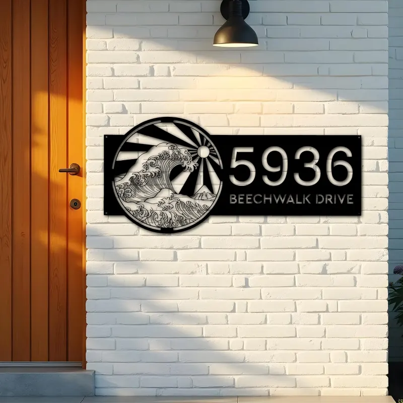 Custom Metal Japan Water Ocean Wave scene Metal Address Sign, House number, Outdoor Number Signage, Yard Sign Address Plate