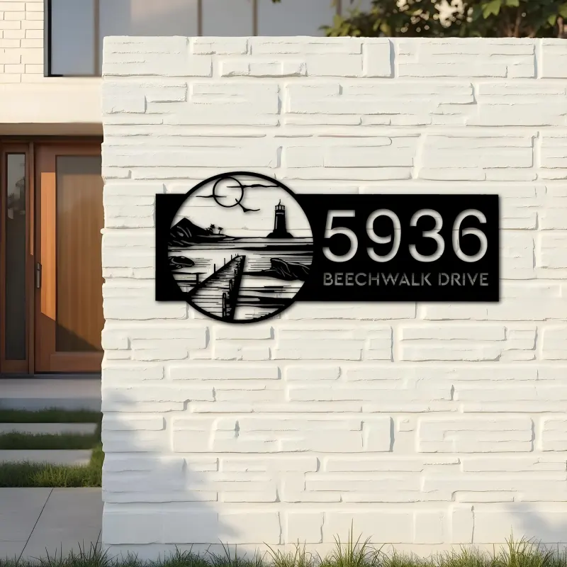 Custom Metal Lighthouse with Bay on Sea Sunset Metal Address Sign, House number, Outdoor Number Signage, Yard Sign Address Plate