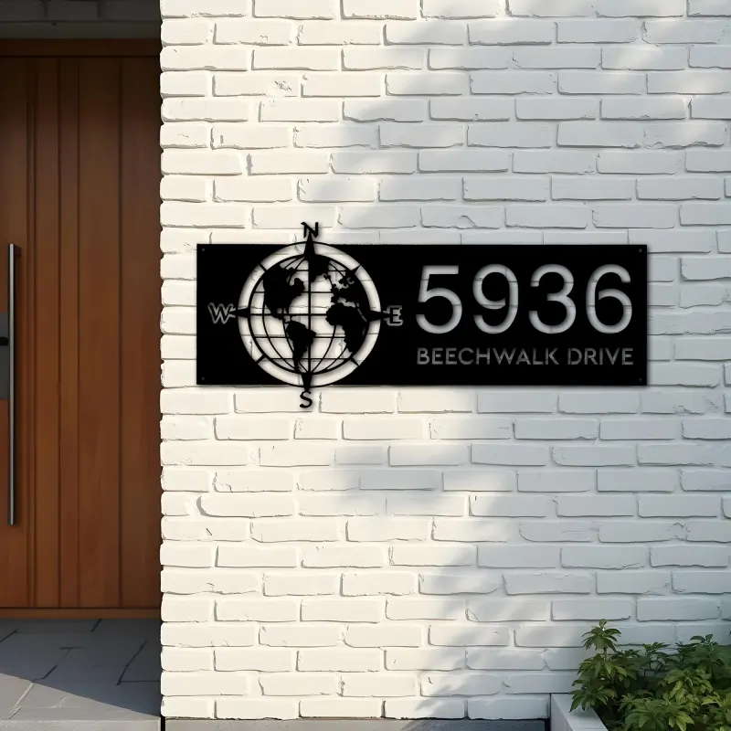 Custom Metal Compass globe world map Metal Address Sign, House number, Outdoor Number Signage, Yard Sign Address Plate